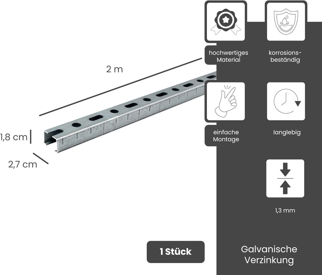 Dalsys Montageschiene 27/18, Schienenkonsole Silber 200cm, 1 Stück, Lochschiene, C-Profilschiene, U-