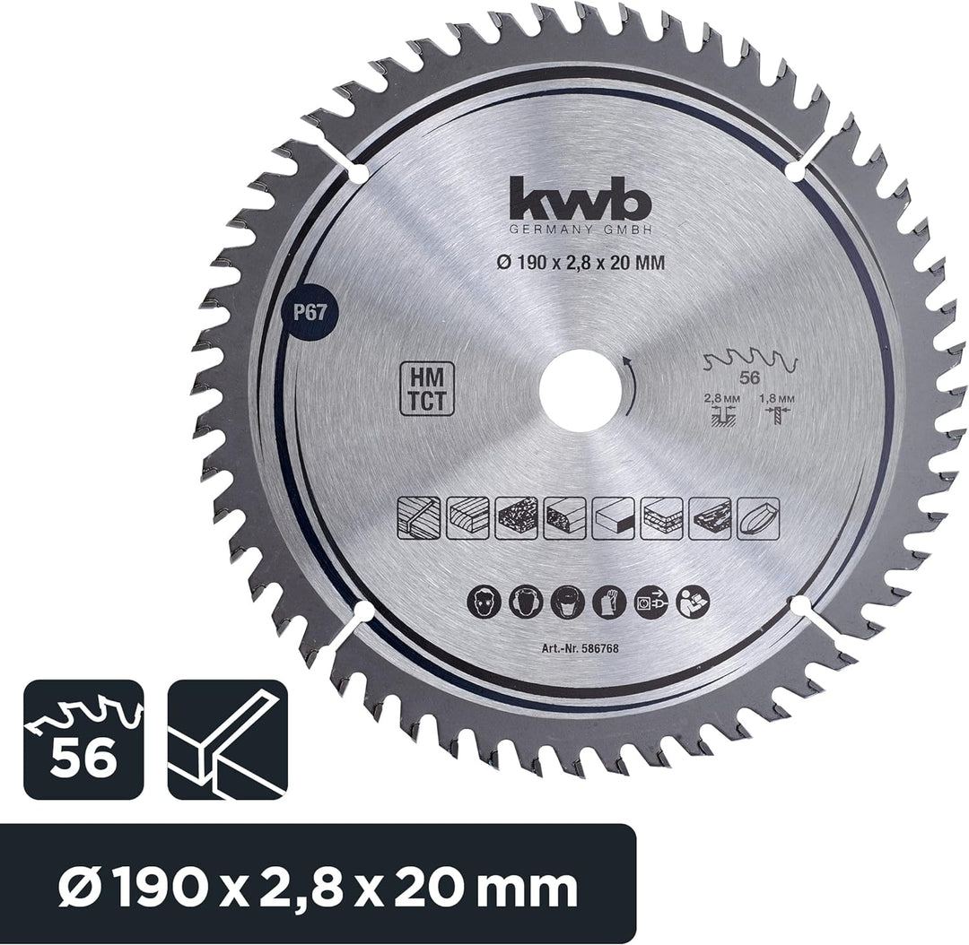 kwb Kreissägeblatt 190 x 20 mm, sehr feiner Schnitt, Sägeblatt geeignet für Arbeitsplatten, Holz und