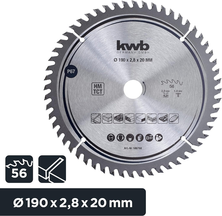 kwb Kreissägeblatt 190 x 20 mm, sehr feiner Schnitt, Sägeblatt geeignet für Arbeitsplatten, Holz und