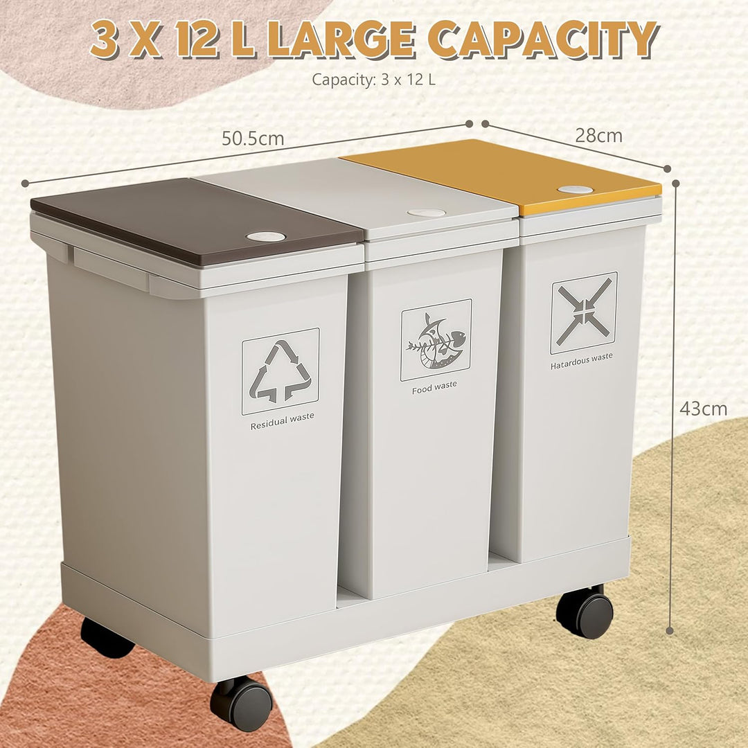 Mobiles Mülleimer Küche 3 x 12 L mit Rollen Mülltrennsystem 3 Fächer mit Druckdeckeln für Zuhause un