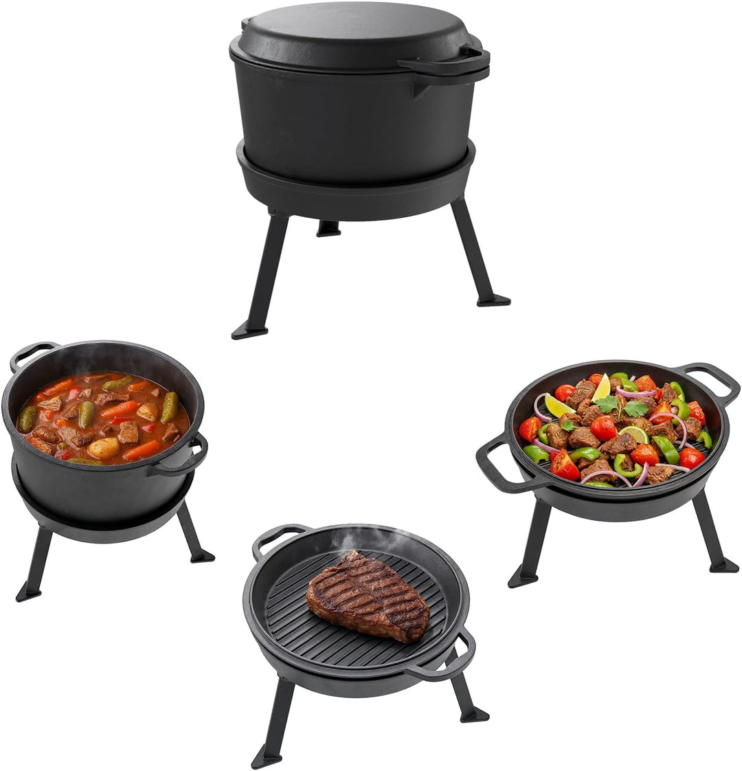 QLS Gusseisen Kessel 10 L Grill, Topf & Bratpfanne 3in1 – Schwerer Dutch Oven mit Deckel, abnehmbare