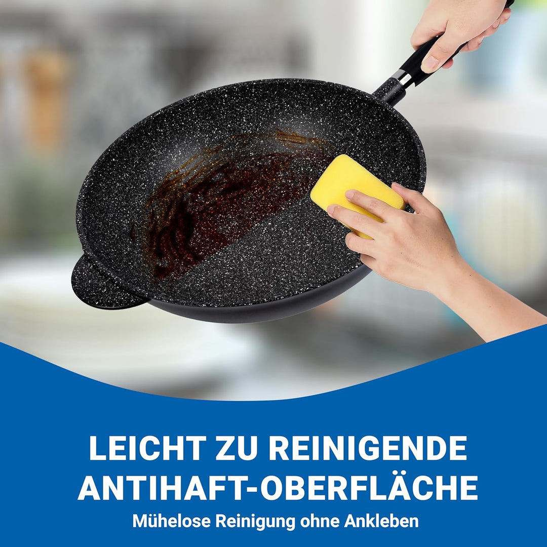 PENTOLPRESS Granit Wokpfanne mit Deckel (32 cm) – Wokpfanne für Induktion – Super kratzfeste Wokpfan