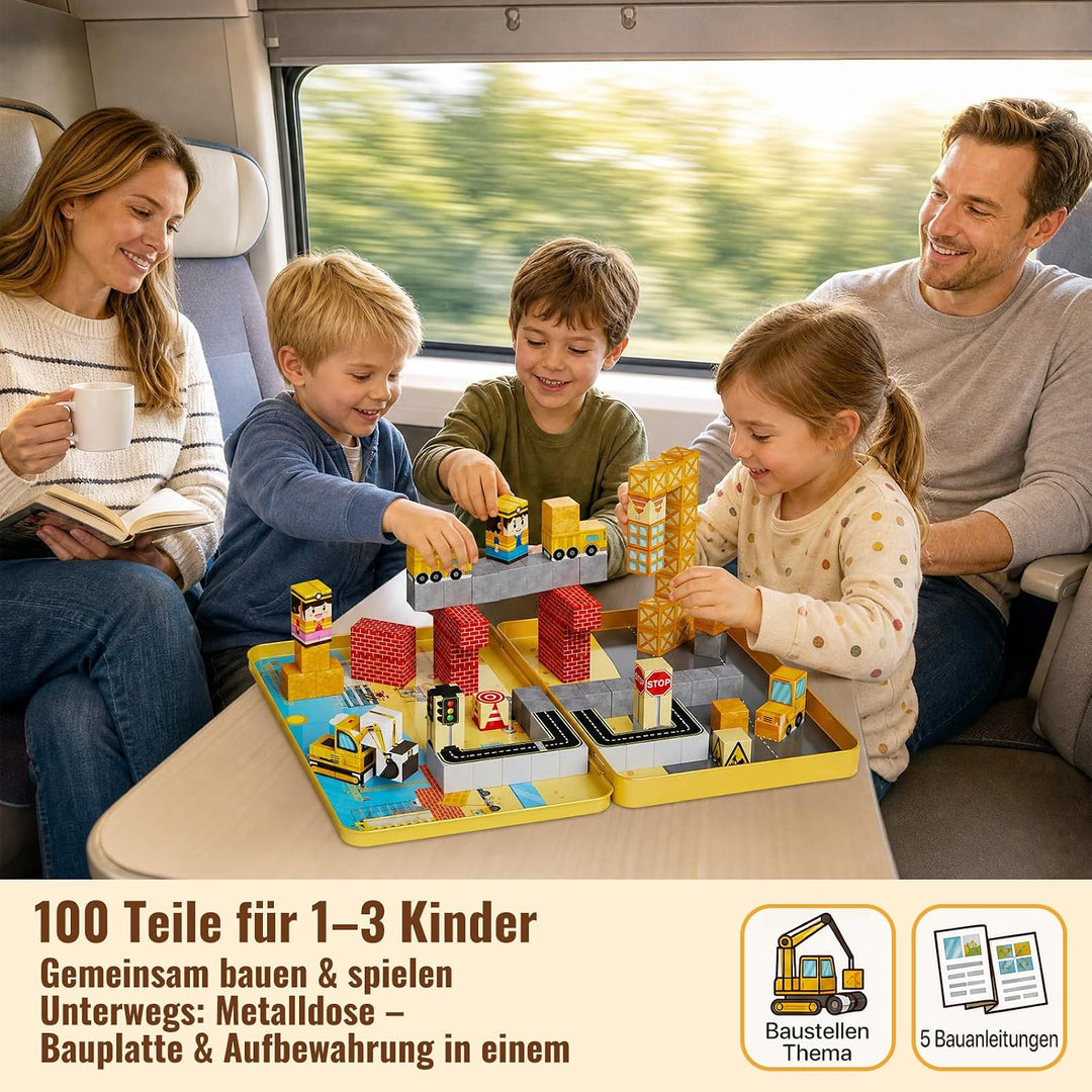Magnetische Bausteine Reiseset Baustelle: 100 Teile für Jungen | Baustellen-Magnetwürfel mit Metalld