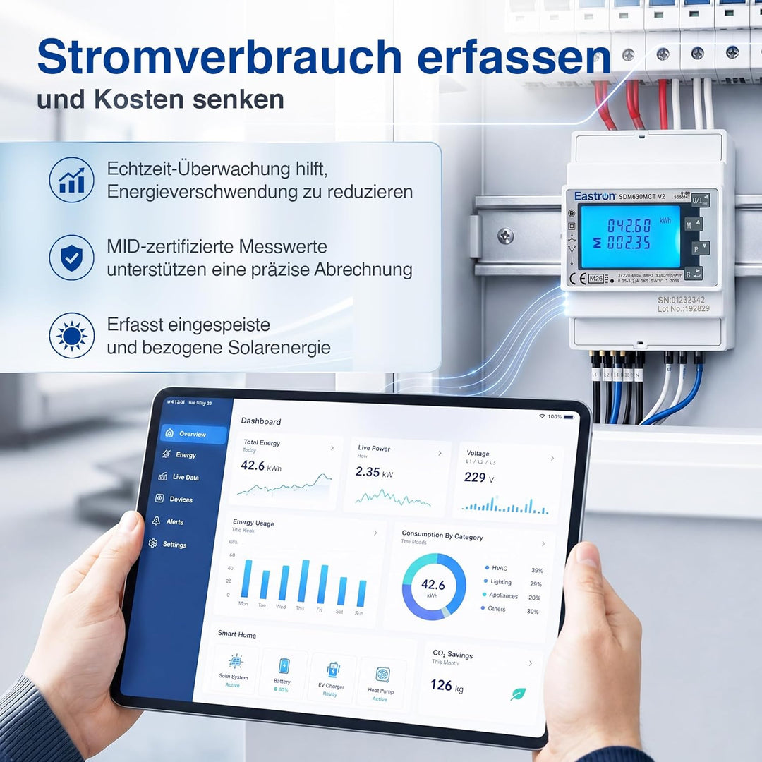 EASTRON SDM630MCT V2 Stromzähler, 1/3 Phase Modbus RS485 RTU – (Stromwandler erforderlich) gespeiste