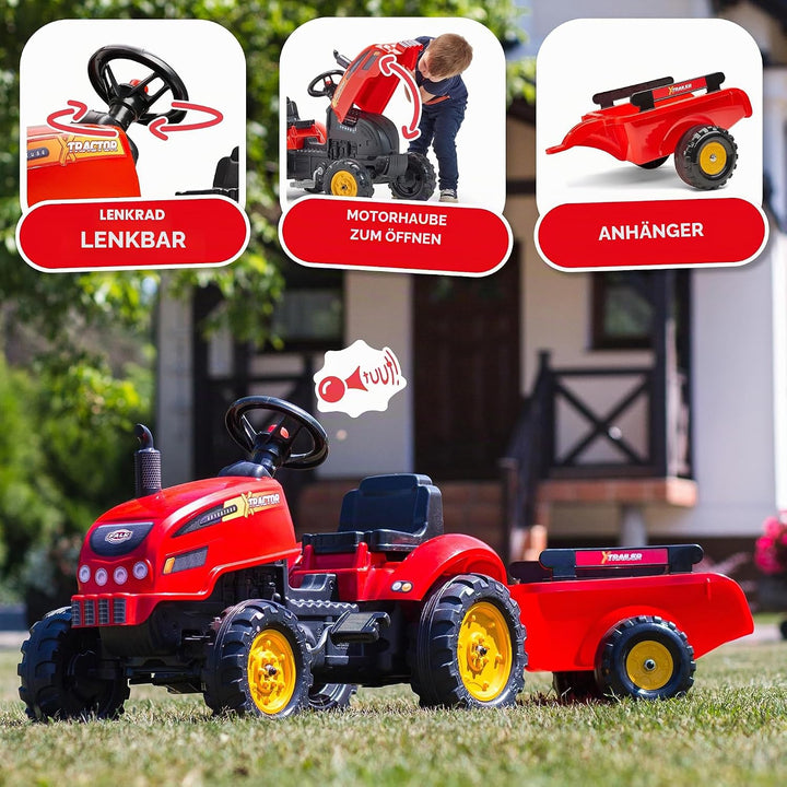 FALK - Traktor mit Pedalen X Tractor – Rot – mit Haube zum Öffnen und Anhänger ab 2 Jahren – 2046AB