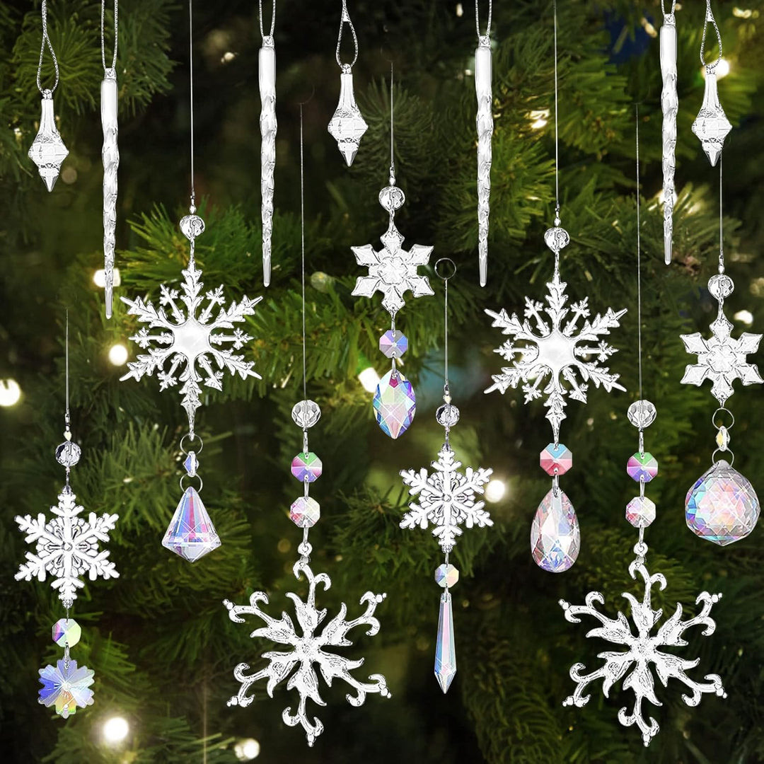 16 Stück Acryl Eiszapfen Schneeflocke Eistropfen Anhänger,Weihnachtsbaum Kristall Dekorationen,Weihn