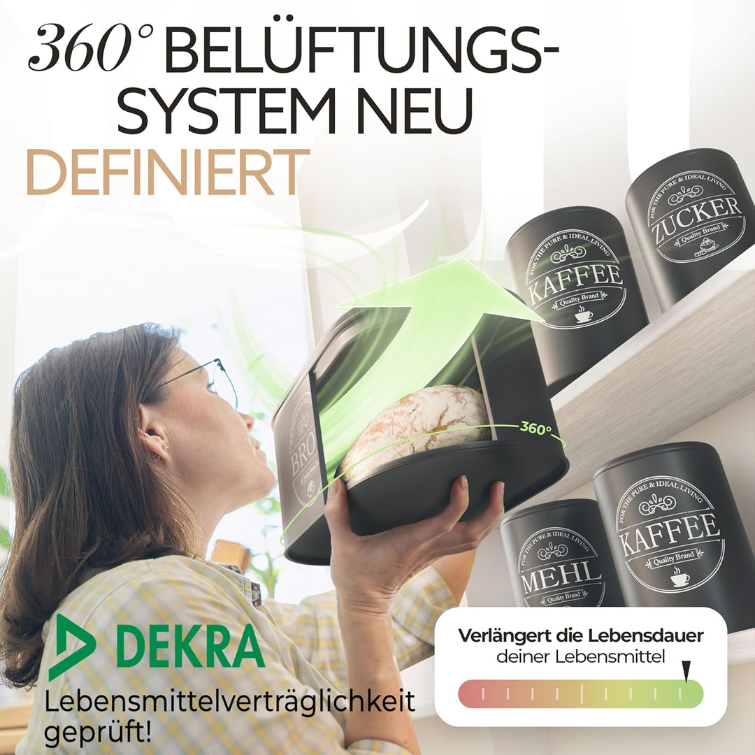 IDEALTASTIC® Premium 2-in-1 Brotkasten schwarz mit effizientem Schneidebrett-Deckel I Länger frischh