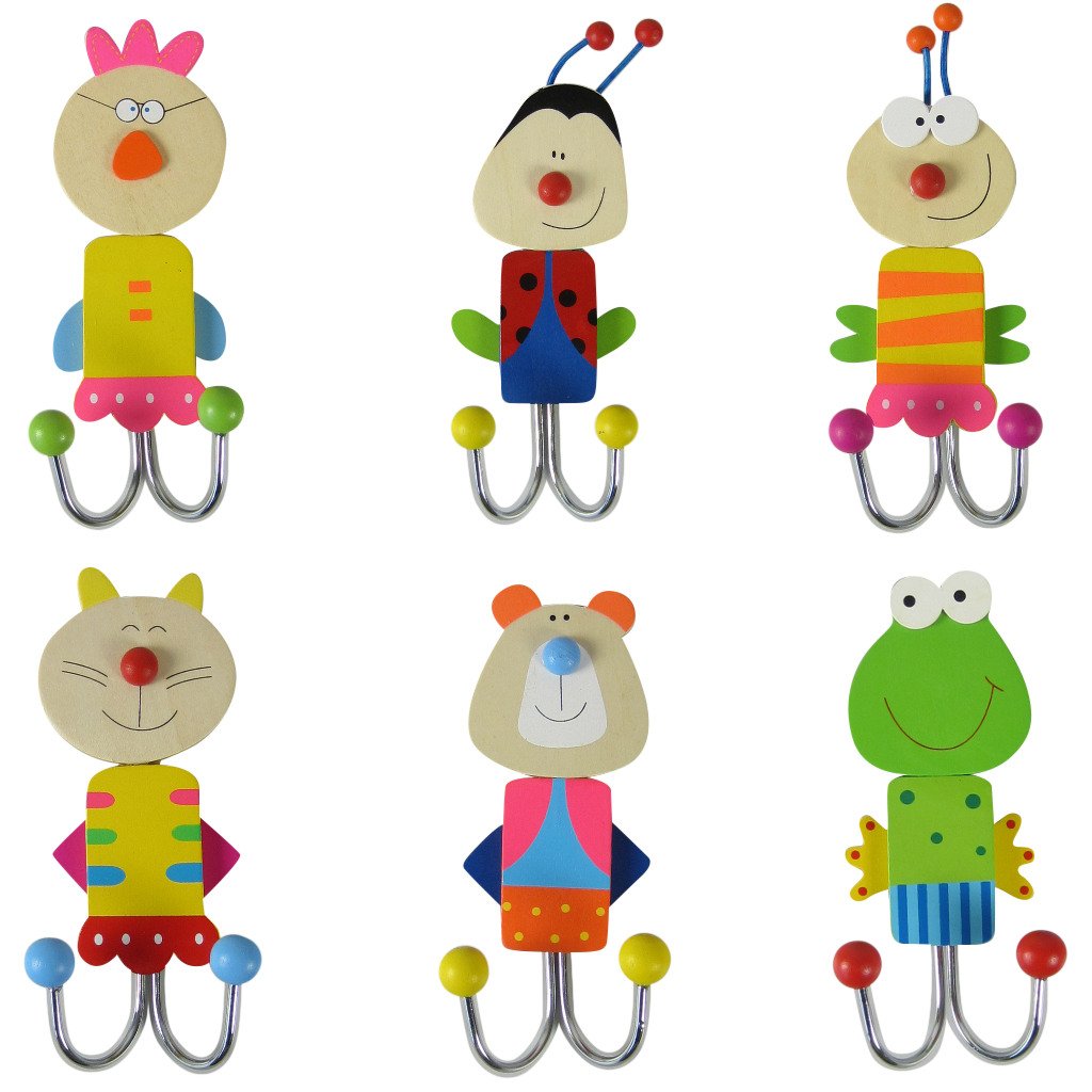 Unbekannt 6 Stück Wandhaken aus Holz für Kinder, mehrfarbig, Garderobenhaken