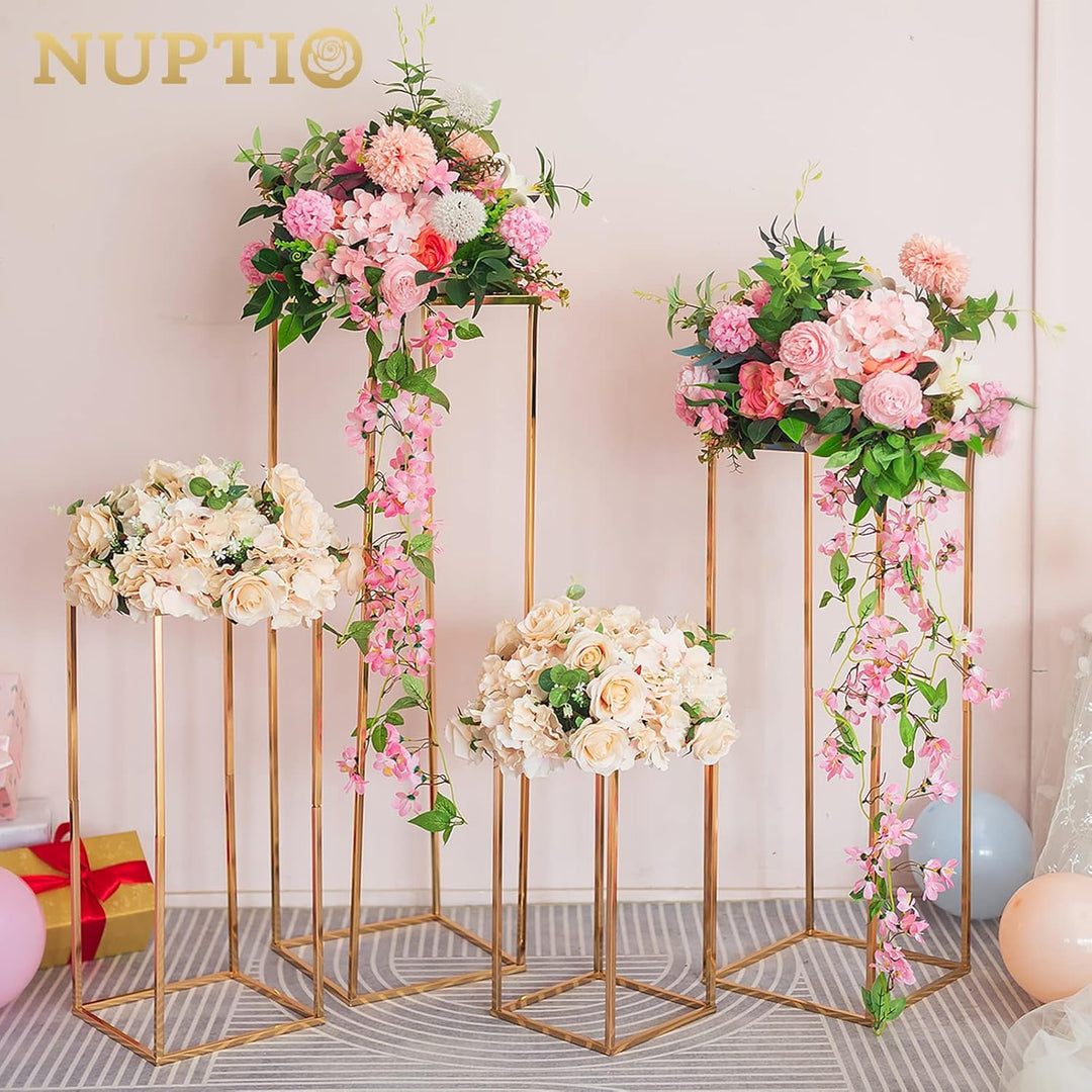 Nuptio Gold Vase für Hochzeitsdekorationen 2 Stück 60cm Hoch Blumenständer Metallbodenvasen Geometri
