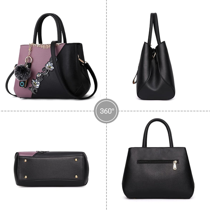 DIRRONA Handtasche Damen Gross – Umhängetasche & Tote Bag mit Blumenstickerei und Pom-Pom-Dekoration