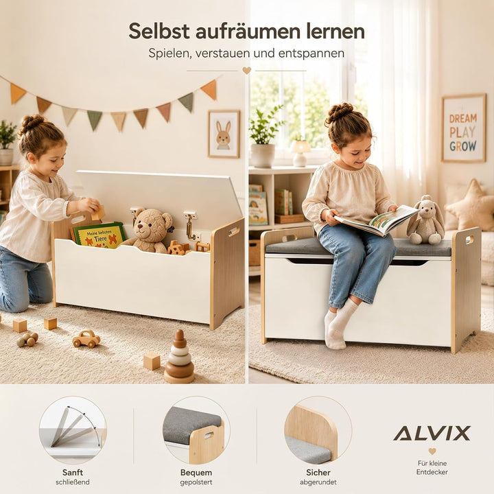 ALVIX Spielzeugtruhe Kinderbank mit Stauraum, Spielzeug Aufbewahrung | Spielzeugkiste mit Soft-Close