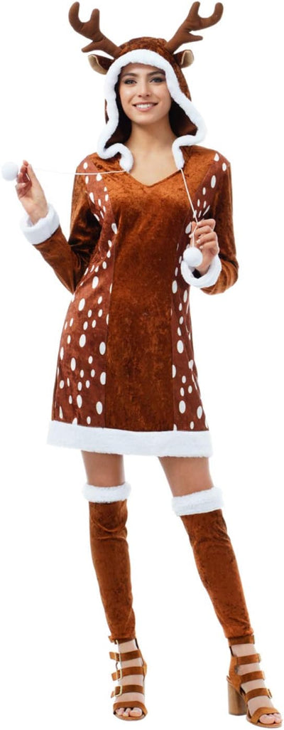 Chaks Damen Kostüm REH Sophie Kleid braun Verkleidung Waldbewohner Fasching Karneval (XS), XS
