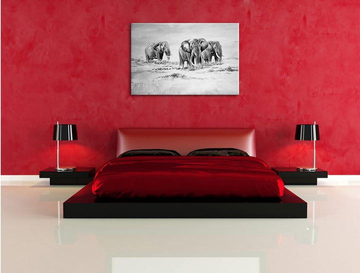 Pixxprint Afrikanische Elefanten in Südafrika Kunst B&W, Format: 100x70 auf Leinwand, XXL riesige Bi
