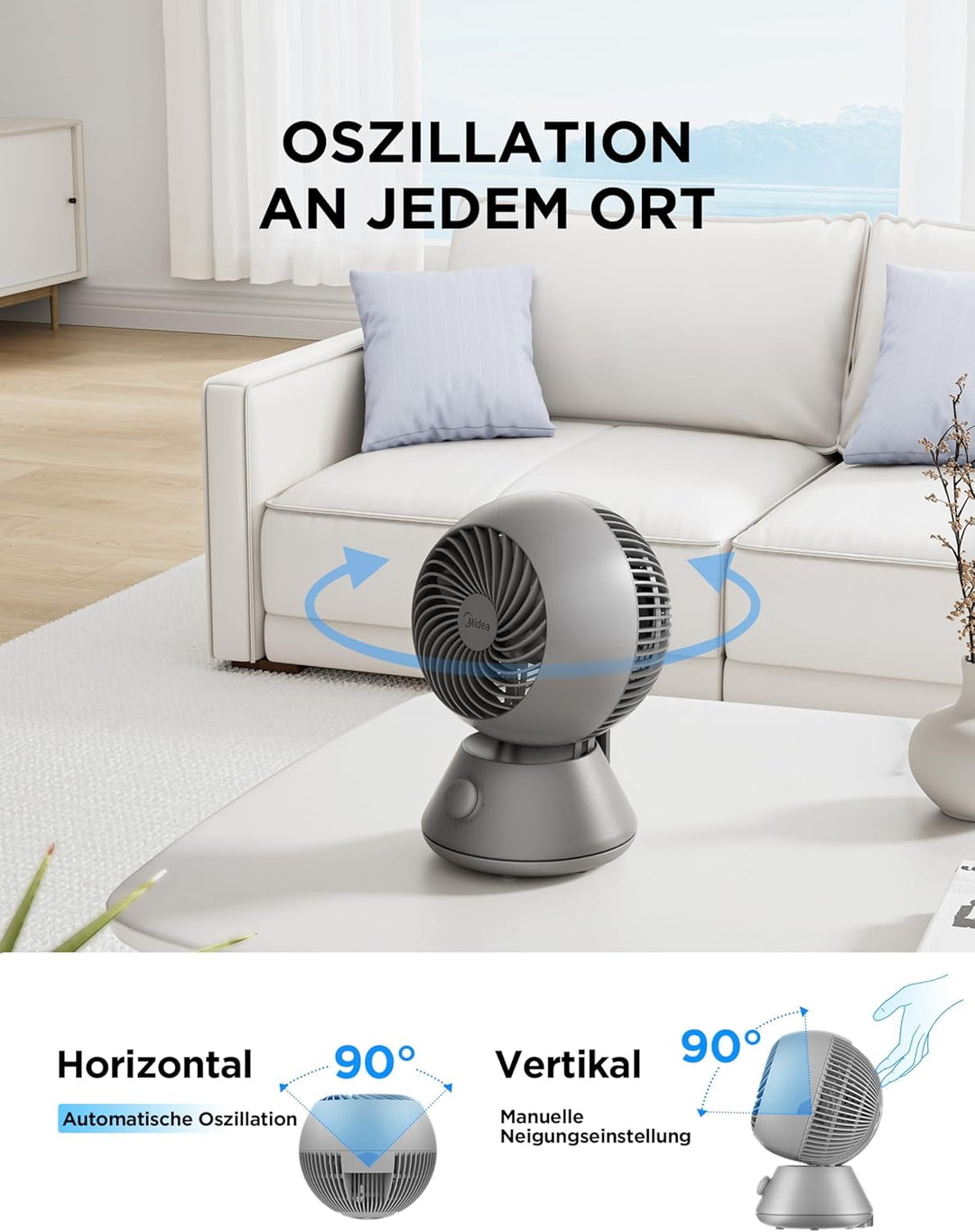 Midea MDF24JG Luftumwälzer Tischventilator-Aerodynamisches Turbosystem, 90°horizontaler Auto-Schwenk
