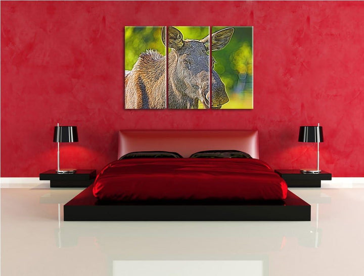 schöne Elchkuh auf Wiese Spezial 3-Teiler Leinwandbild 120x80 Bild auf Leinwand, XXL riesige Bilder