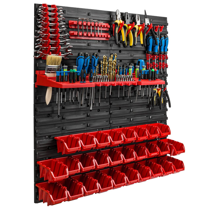 Lagersystem Werkstattregal | 78 x 78 cm | 28 stck. Box | Wandregal mit Werkzeughalterungen und Stape