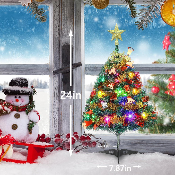 60cm Tisch-Weihnachtsbaum, Künstliche Mini Christmas Pine Tree mit LED-Lichterketten & Ornamenten