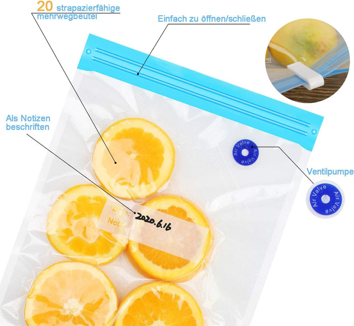 Vakuum Gefrierbeutel, 10 Stück Vakuumversiegelte Bags Kit, Einbeziehen 20 Weisse Reissverschluss Cli