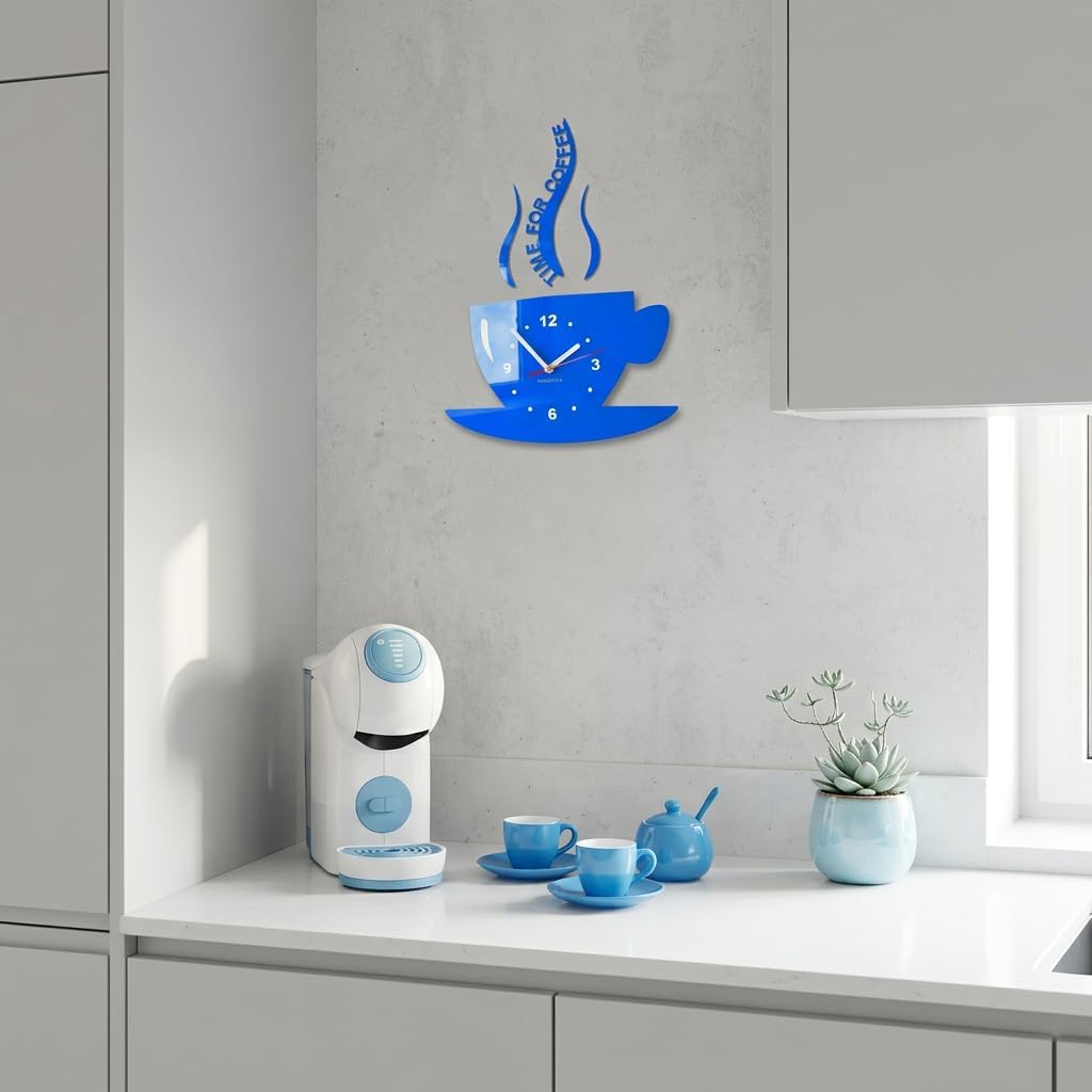 FLEXISTYLE Tasse Time for Coffee (Zeit für Kaffee) Moderne Küche Wanduhr blau, 3D römisch, wanduhr d
