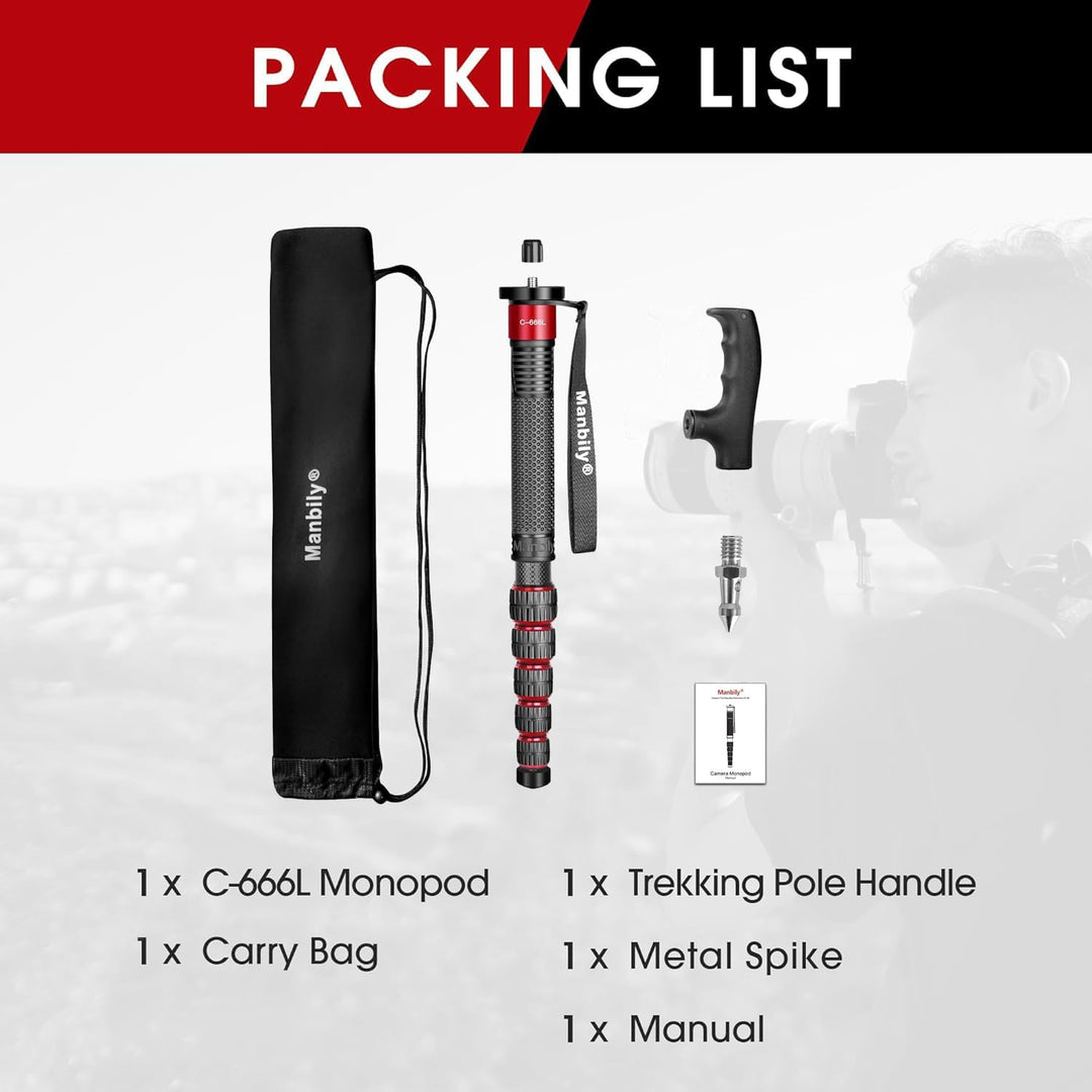 Manbily 32mm Einbeinstativ Carbon für Kameras 44cm-174cm Kohlefaser Monopod Stativ DSLR Reise-Einbei