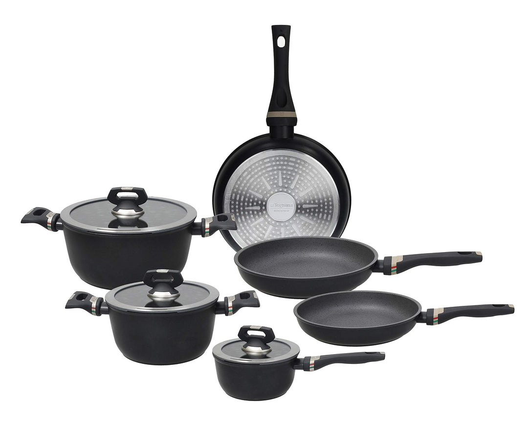 Tognana Italika Premium Antihaft-Kochgeschirr-Set mit 3 Pfannen, 3 Kochtöpfen, 3 Glasdeckeln, 9-teil