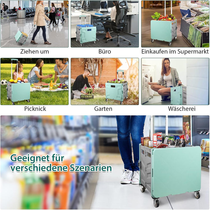 Einkaufstrolley Klappbar, Transport Trolley, bis 50 kg, 50 l Kiste, Einkaufskorb mit Deckel, Auszieh