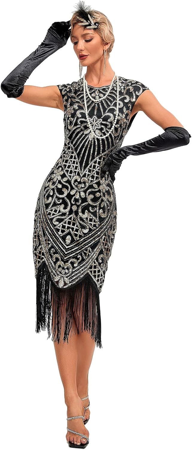 VILOREE 1920s Kleid Damen Flapper Charleston Kleid Gatsby Pailletten Cocktail Abschlussballkleid Par