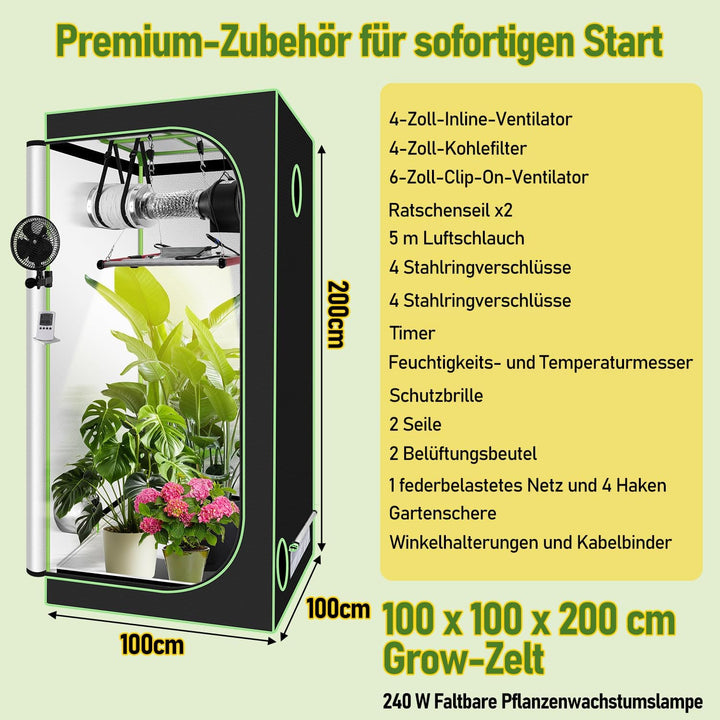 Growzelt Komplettset 100x100x200cm – Indoor Hydroponik Zelt inklusive 240W Faltbarer LED Grow Lampe