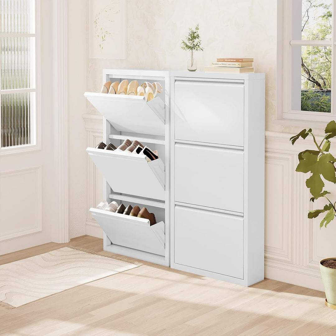 WOLTU Schuhschrank mit 3 Klappen, Schuhregal geschlossen, Schuhkommode schmal, aus Metall, für Flur