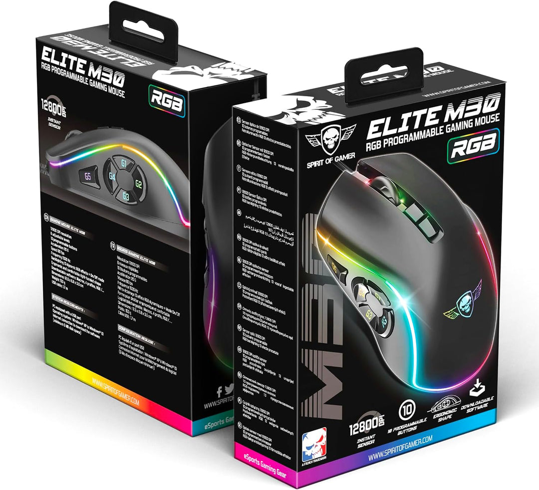 SPIRIT OF GAMER x ELITE M30 | PC Gaming Maus mit Kabel | 10 Programmierbare Tasten | Optischer Senso
