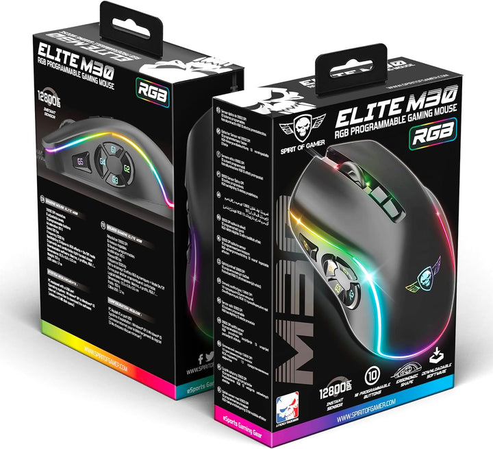 SPIRIT OF GAMER x ELITE M30 | PC Gaming Maus mit Kabel | 10 Programmierbare Tasten | Optischer Senso