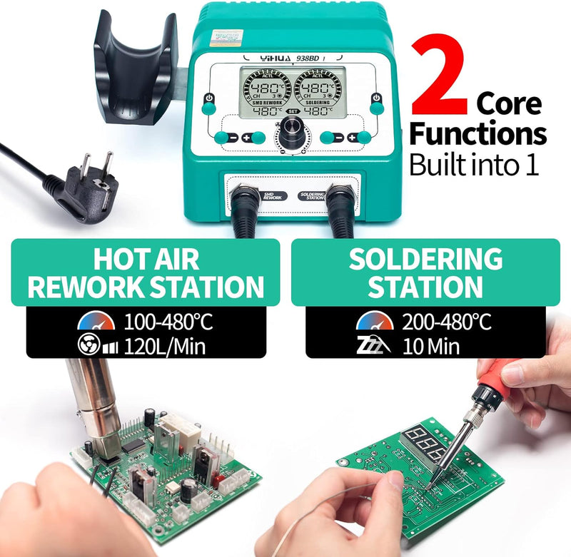 YIHUA 938BD-I Lötstation Heissluft-Rework-Station 2-IN-1 mit 110-W-Lötkolben, LCD-Display im Autosti