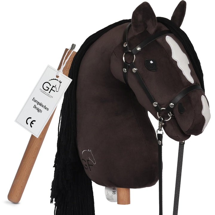 GaloppFreude® Hobby Horse Pferde Braunschecke – Grosses A3 Steckenpferd mit Schraubstab & Trense – H