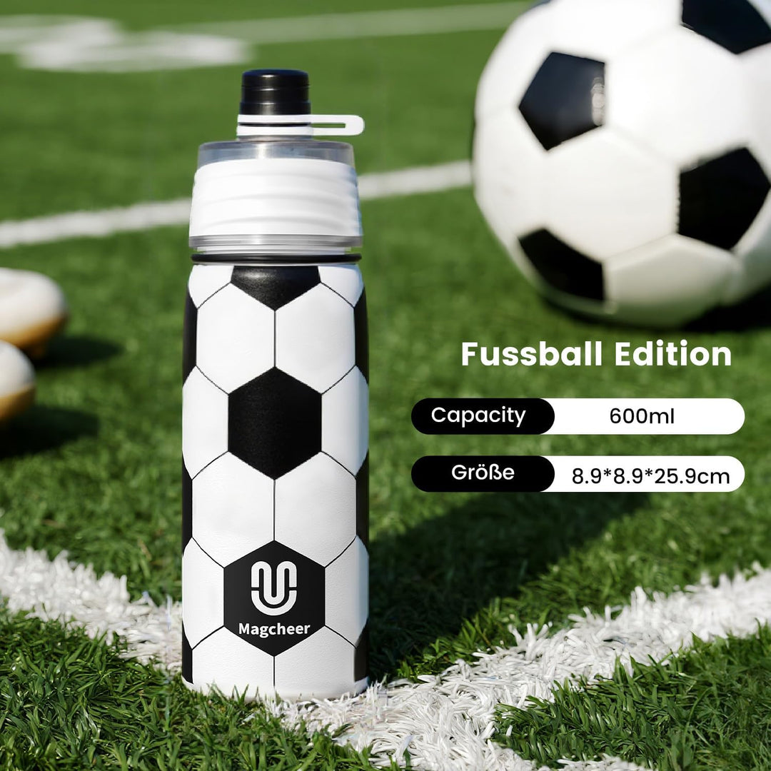 magcheer 600ml Trinkflasche Kinder Fussball mit Sprühfunktion | 3D Strukturierte Isolierte Nebel Was