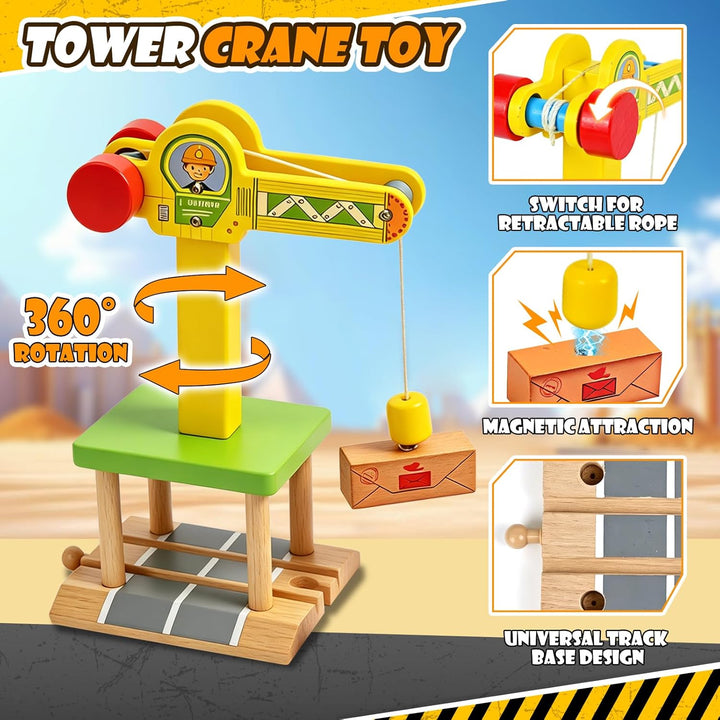 Baufahrzeuge Kinder Holzspielzeug, Magnetisch Baustelle Kran Spielzeug mit Turmkran Bagger Kranwagen