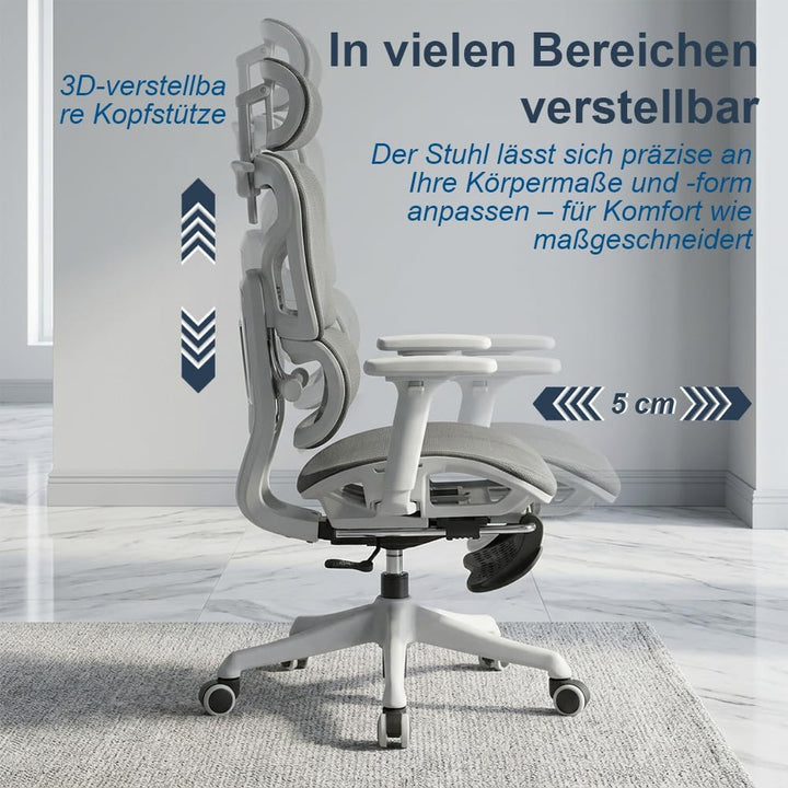 Ergonomischer Bürostuhl mit Lendenwirbelstütze, Kopfstütze & Fussstütze, Höhenverstellbarer Drehstuh