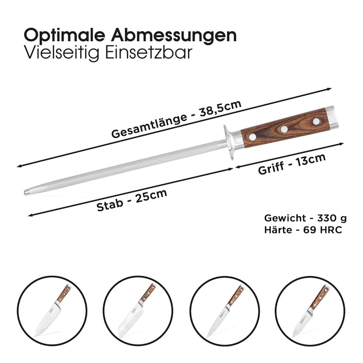 ZOLMER® Wetzstahl - Messerschärfer aus gehärtetem Stahl - Wetzstab mit komfortablem Griff aus Pakka