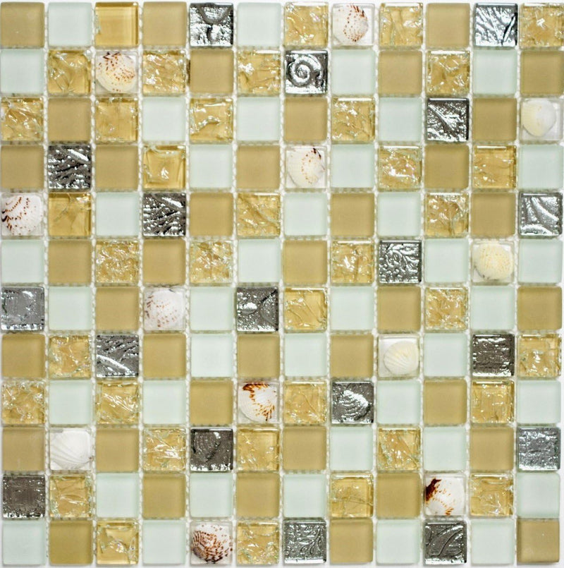 Mosaik Quadrat Crystal Muschel beige Glasmosaik Transluzent Transparent 3D, Mosaikstein Format: 23x2
