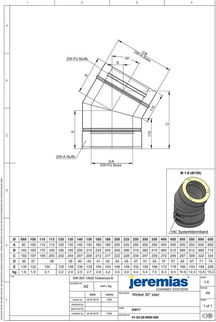 Jeremias DW-FU Edelstahl Abgassystem Doppelwand Winkel 30 Grad Innendurchmesser 600 mm CE-zertifizie