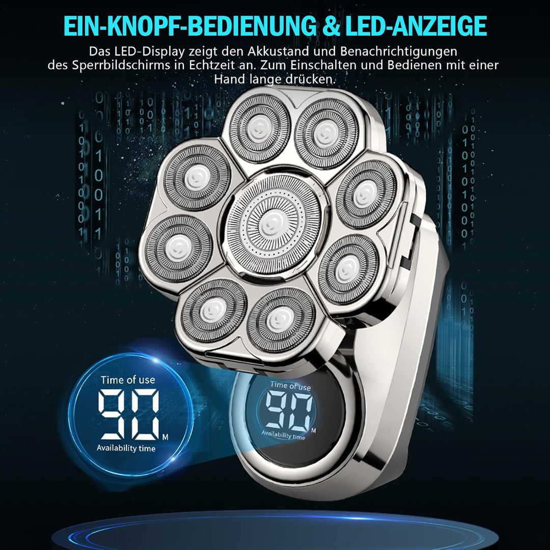 Glatzen Rasierer Herren Elektrisch, IPX6 Wasserdicht 9D Flexibler Glatzenrasierer, 6 in 1 Kopfrasier
