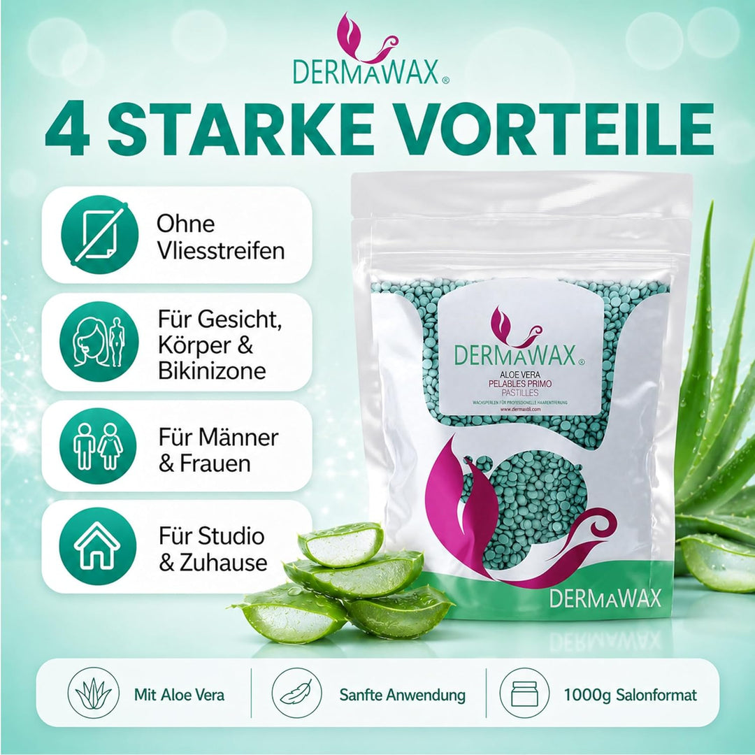 Dermawax 1 kg Aloe Vera Wachs Heisswachs Waxing Perlen Wachsperlen Anwendung ohne Wachsstreifen zur