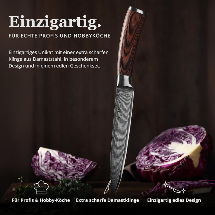 Wakoli EDIB Damast Fleischmesser mit Gravur – Personalisiertes Messer, 18cm Klinge aus 67 Lagen Dama