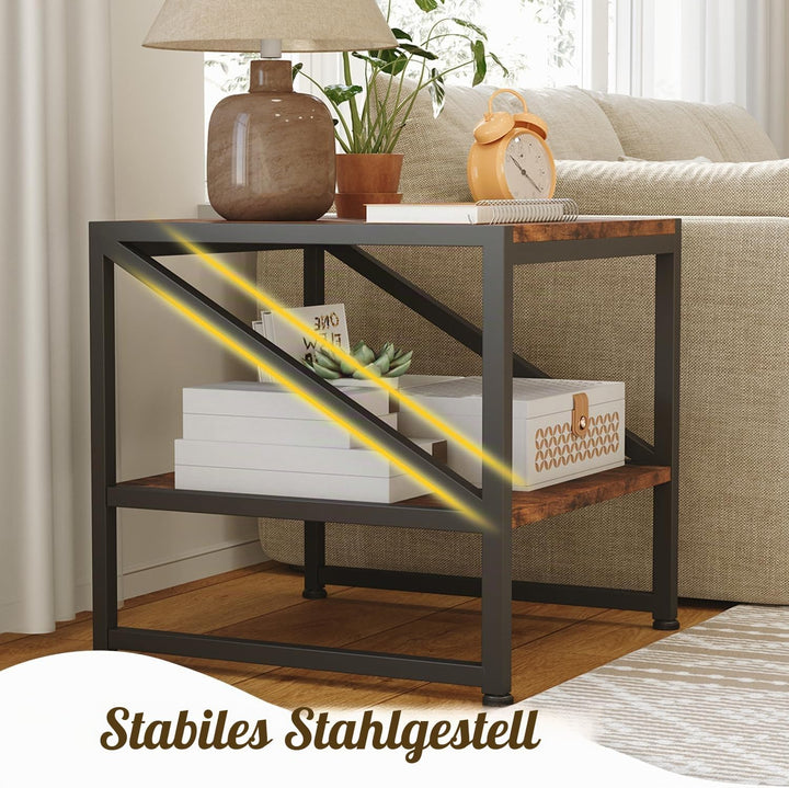 Beistelltisch Wohnzimmer 50x50 cm, Couchtisch mit 2 Ebenen bis 90 kg belastbar, Industrie-Design Sof