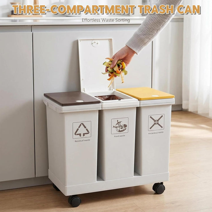 Mobiles Mülleimer Küche 3 x 12 L mit Rollen Mülltrennsystem 3 Fächer mit Druckdeckeln für Zuhause un