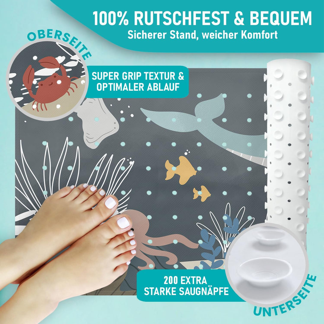 Badewannenmatte 100x40 cm Wasserwelt Dunkelgrau| Badematte rutschfest | Inkl. Aufhängung | Schimmelr