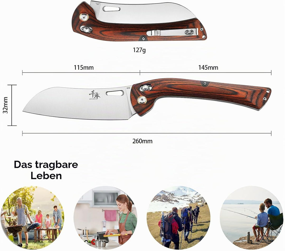 SENBON 440 Stainless Steel Super Sharp Folding Chef Knife With Colorful Wood Handle for Camping, Bar
