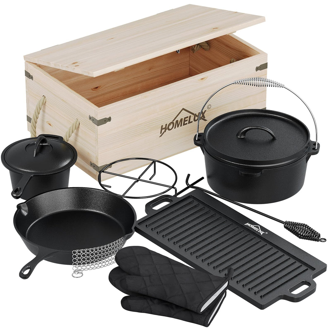 HOMELUX 10-teilig Dutch Oven Set in Holzkiste mit 4,5L Dutch Oven Topf &amp; 3,6L Saucier – Inkl. Grillp