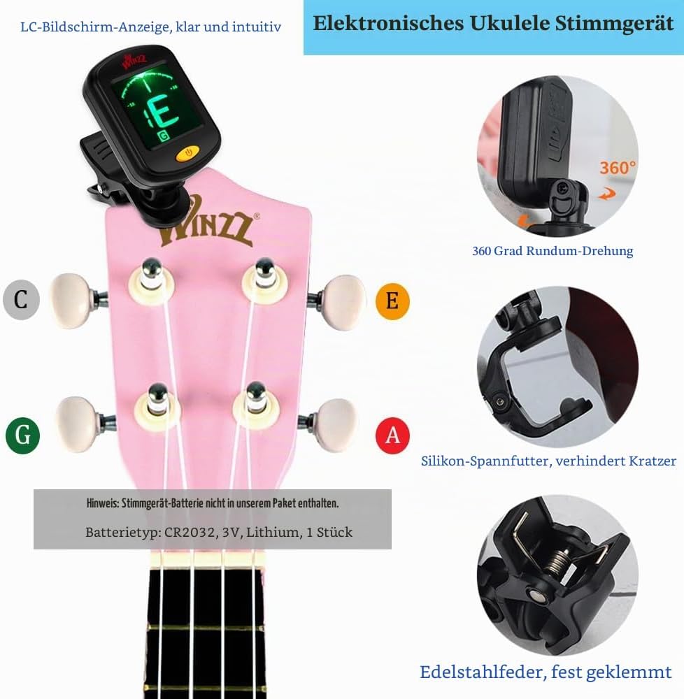 Winzz Sopran Ukulele Starter Kit für Anfänger mit Tasche, Clip-On Tuner, Zusätzlichen Saiten, Gurt,