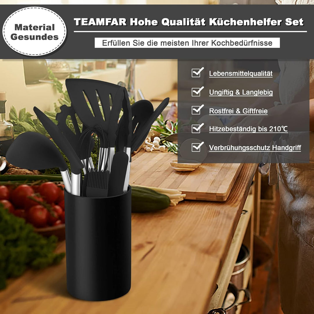 TEAMFAR Küchenhelfer, 20 Stück Silikon Schwarz Kochbesteck Kochutensilien Set mit Edelstahlgriff, Hi