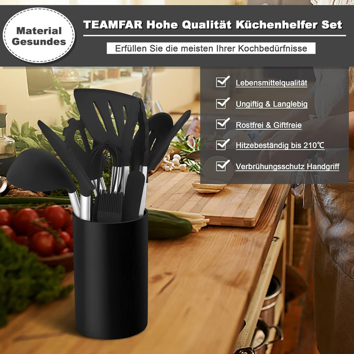TEAMFAR Küchenhelfer, 20 Stück Silikon Schwarz Kochbesteck Kochutensilien Set mit Edelstahlgriff, Hi